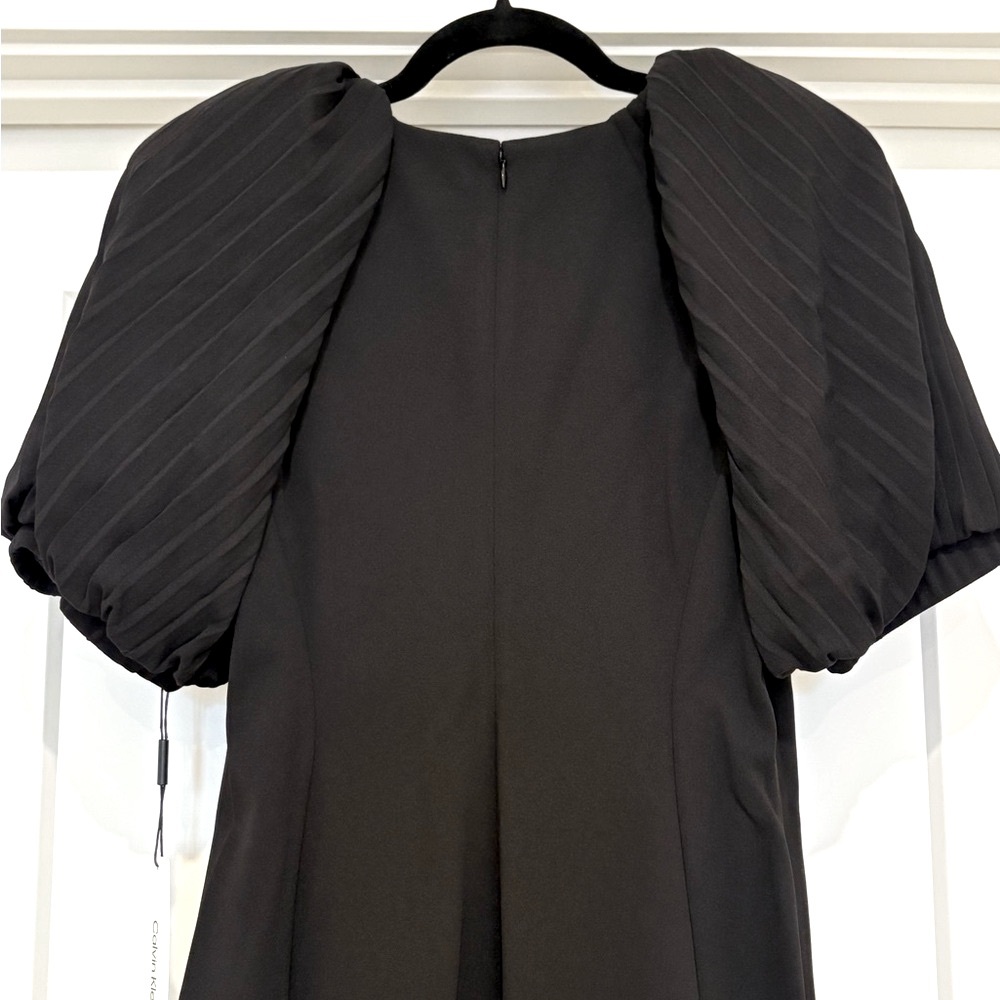 NWT [Calvin Klein] Midi Puff Pleated-Sleeve Stretch Sheath Dress Black Womens 10 - Picture 8 of 12